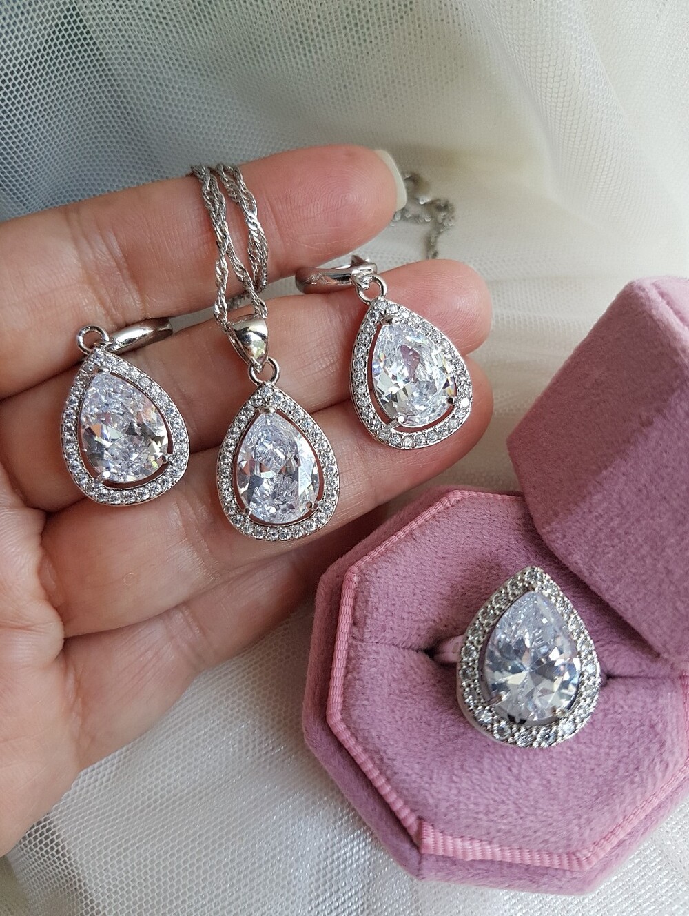 Swarovski Elements 925 Sterling Silver Large White Teardrop Halo Necklace NEW - Picture 2 of 12